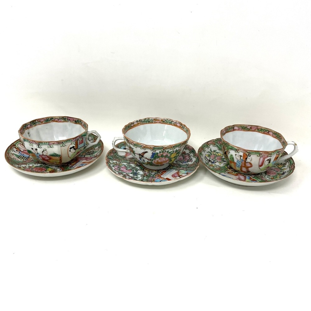 Antique Rose Medallion‎ Chinese Porcelain Tea Cup & Saucer Lot Of 3 Asian Art